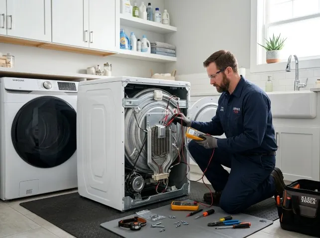 Appliance Repair Hero technician checking a dryer heating element with the rear panel off in Bogata, TX