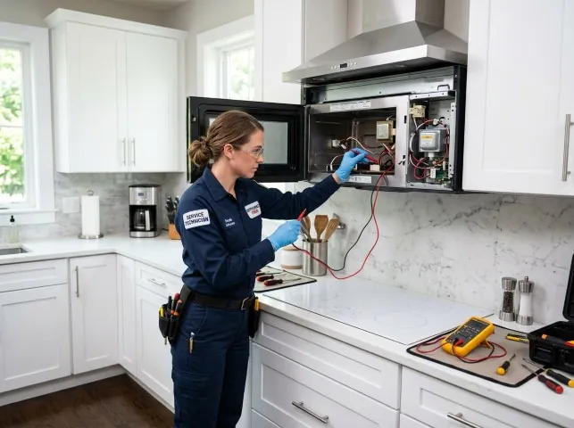 Appliance Repair Hero technician testing an over-the-range microwave in a Bogata, TX kitchen