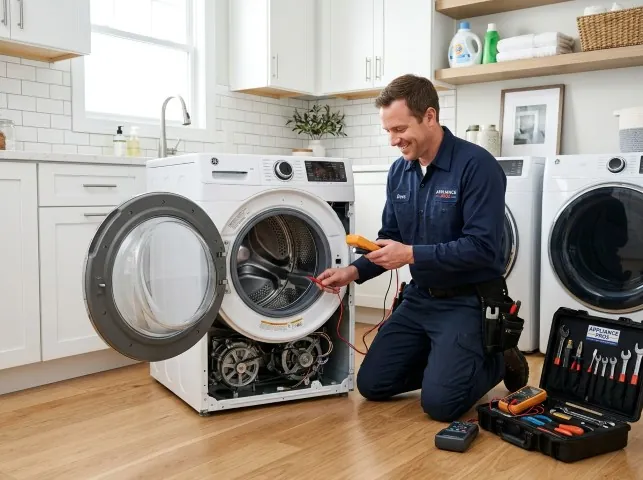 Appliance Repair Hero technician testing a front-load washer with a multimeter on a Bogata, TX service call